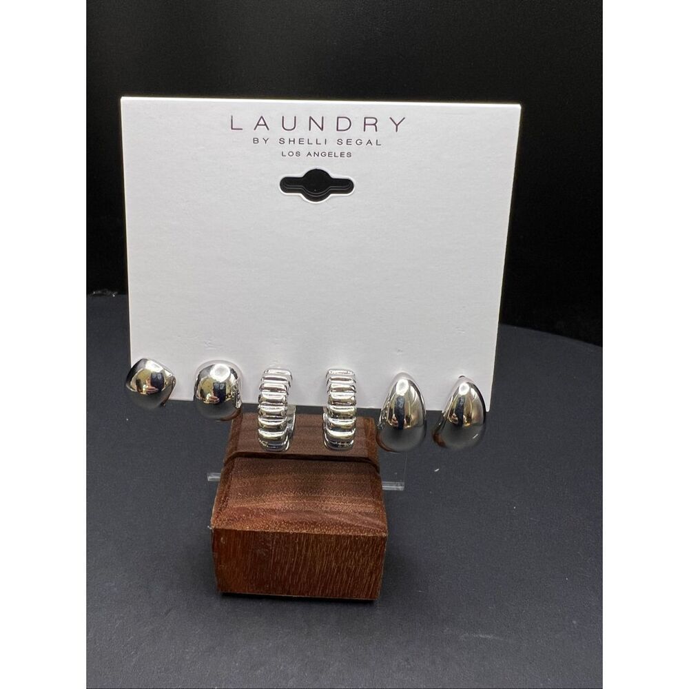 New! Laundry by Shelli Segal Silver Tone Huggie Hoop Earrings Set of 3